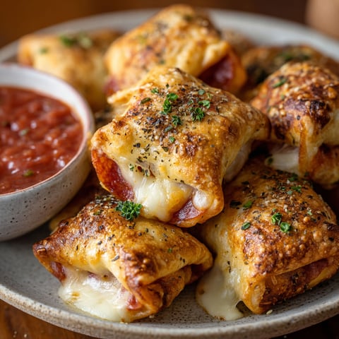 A plate of cheesy pepperoni pizza rolls.
