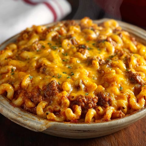 A bowl of cheesy beef and macaroni casserole.