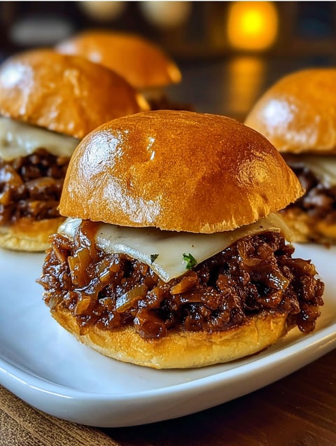 A plate of beef sloppy joes with onions.