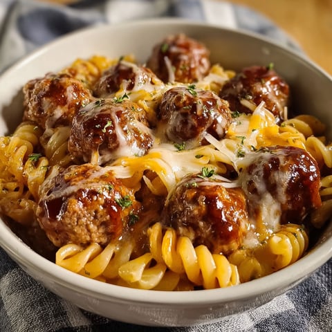 A bowl of BBQ honey garlic meatballs and pasta.