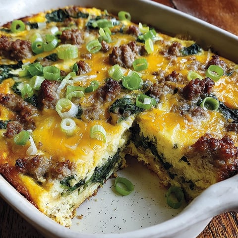 A slice of a keto breakfast casserole with spinach and bacon.