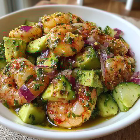 A bowl of shrimp salad with onions, cucumbers, and peppers.