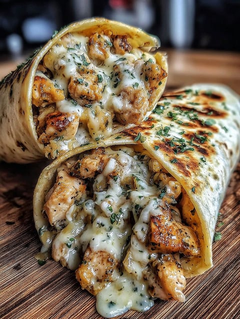 A delicious wrap with chicken and cheese.
