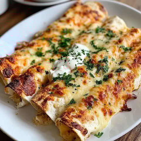 A plate of creamy white chicken enchiladas.