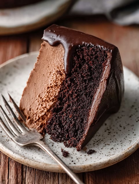 A slice of chocolate cake on a plate.