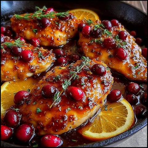A skillet with chicken and cranberries.