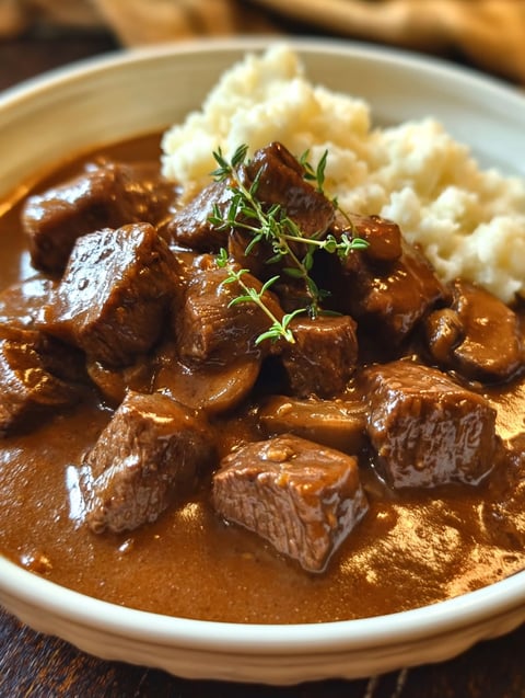 A bowl of beef tips and gravy.