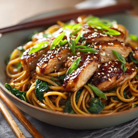 A bowl of delicious chicken teriyaki noodles.