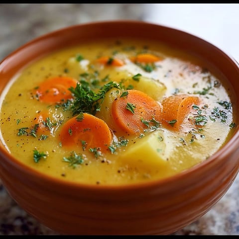 A bowl of soup with carrots and potatoes.
