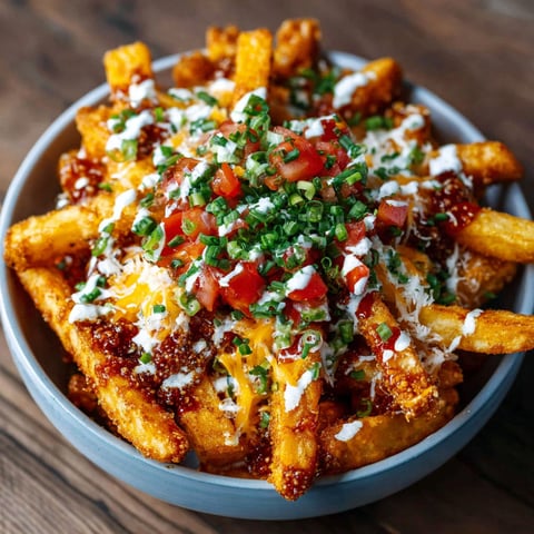 A bowl of nacho fries with cheese and tomatoes.