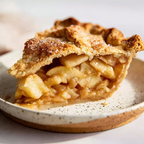 A slice of apple pie on a plate.