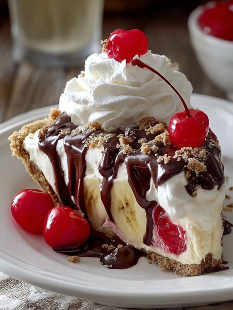 A slice of pie with bananas and cherries on top.