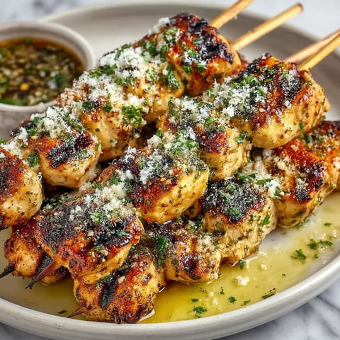 A plate of chicken skewers with garlic and Parmesan cheese.
