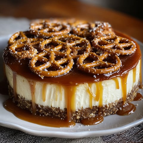 A slice of salted caramel pretzel cheesecake.