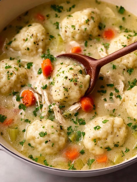 A bowl of chicken and dumplings with vegetables.