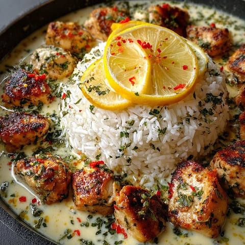 A plate of chicken scampi with creamy garlic parmesan rice.