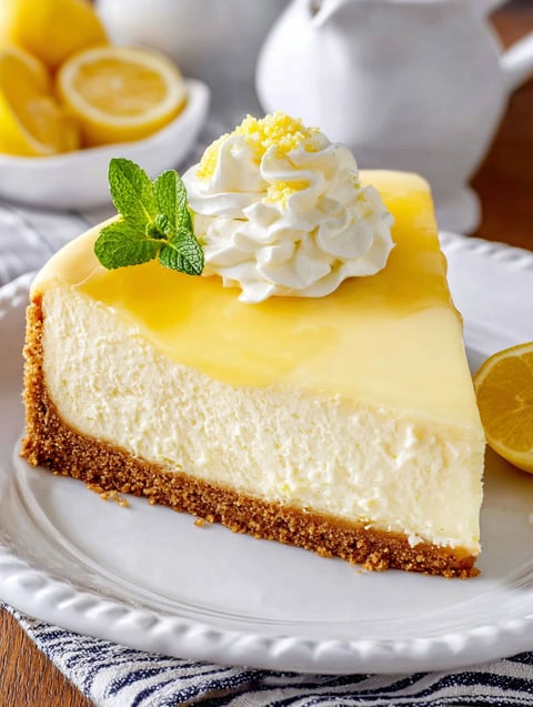 A slice of lemon cheesecake with whipped cream on top.