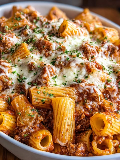 A delicious cheesy beef rigatoni bake.