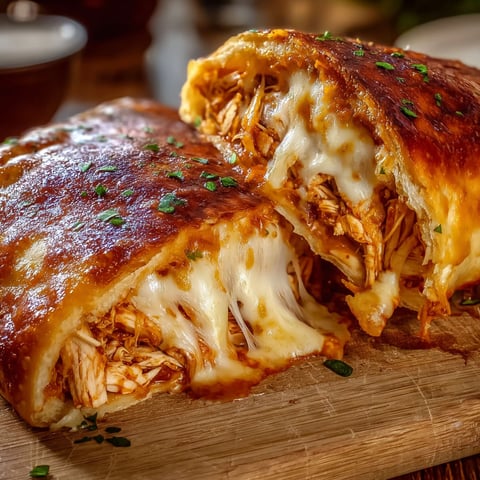 A BBQ chicken cheese stromboli on a wooden cutting board.