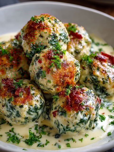 A plate of delicious baked chicken ricotta meatballs smothered in creamy spinach alfredo sauce.