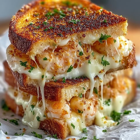 A gourmet grilled cheese sandwich with shrimp.