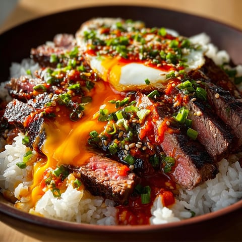 A juicy Korean BBQ steak with rice and spicy cream sauce.