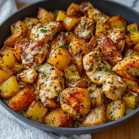 A bowl of garlic Parmesan chicken and potatoes.