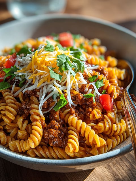 A bowl of pasta with meat and cheese on top.