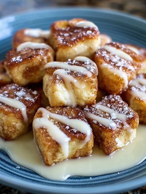 A plate of cinnamon roll french toast bites.