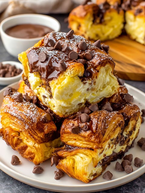 A stack of chocolate croissants with chocolate drizzled on top.