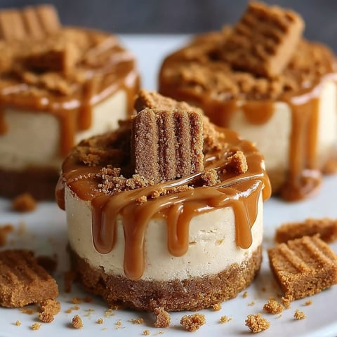 Three mini cheesecakes with caramel drizzle.