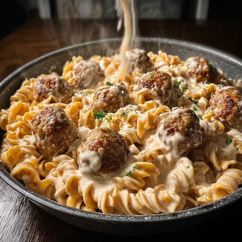 A plate of pasta with meatballs and cheese.