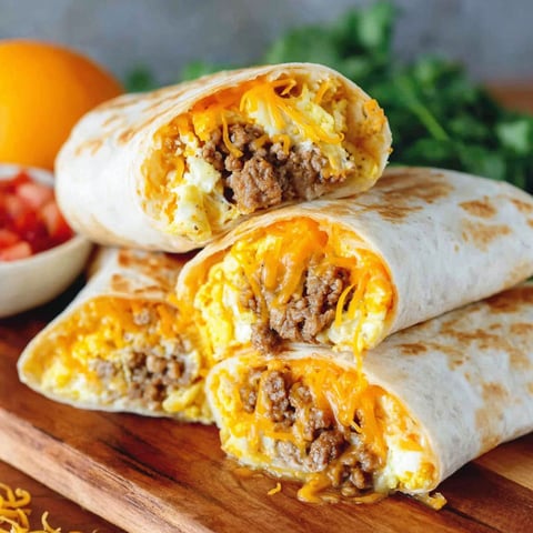 A breakfast burrito with cheese and meat.