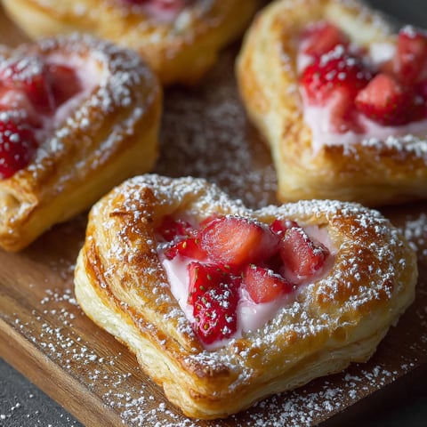 Two heart shaped pastries with strawberries and cream cheese.