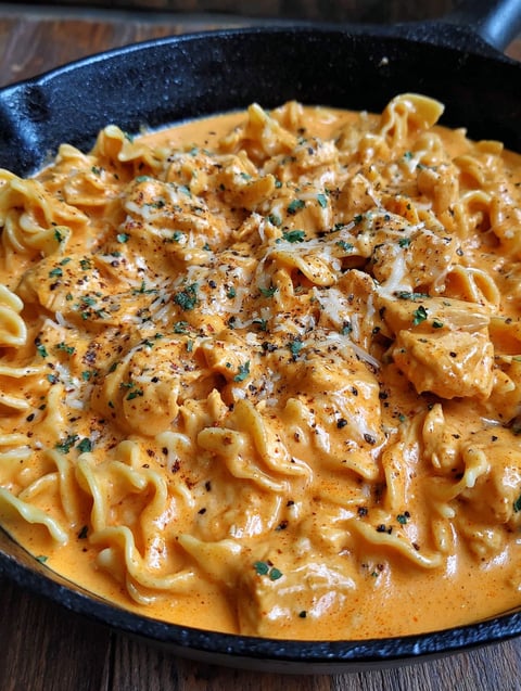 A close up of a delicious one-pot creamy spicy buffalo chicken pasta.