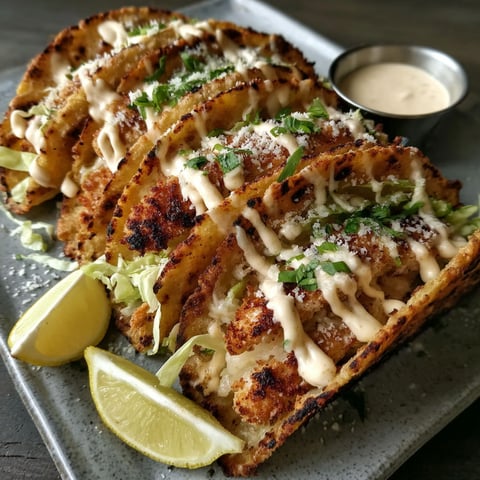 Crispy chicken alfredo tacos with a side of ranch dressing.