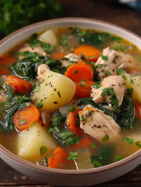 A bowl of soup with chicken, carrots, and greens.