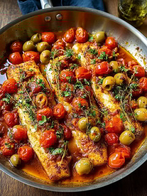 Baked fish with cherry tomatoes and olives.