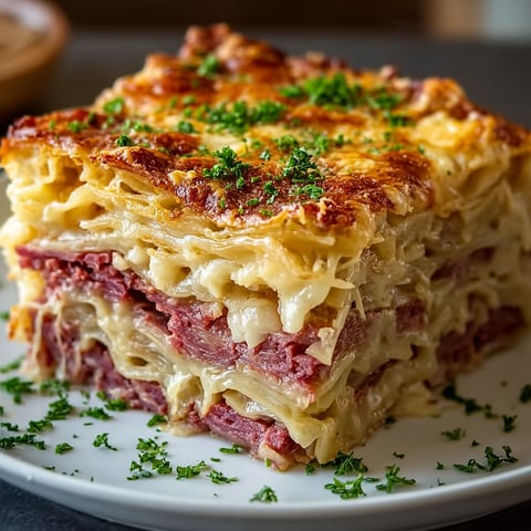 A homemade Reuben bake on a plate.