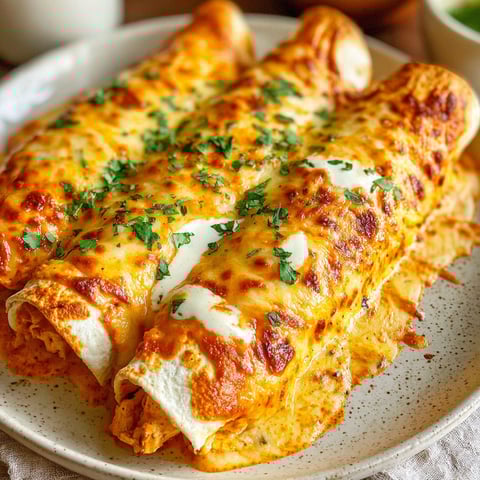 A plate of food with a creamy chili chicken enchilada.