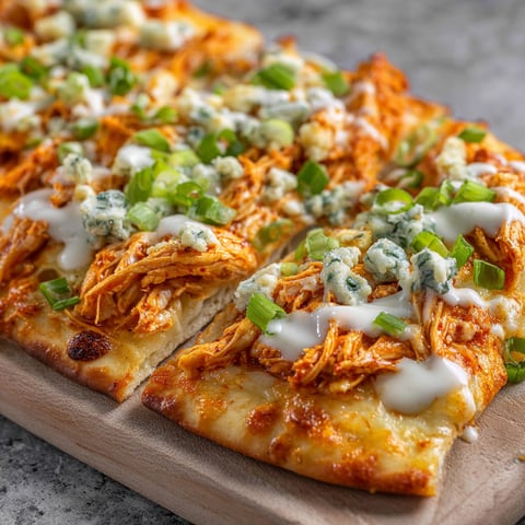 A flatbread with buffalo ranch chicken toppings.