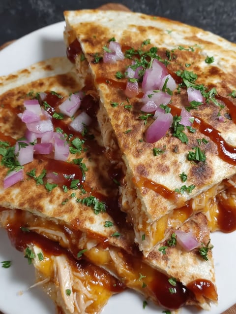 A plate of BBQ chicken quesadillas with red onion and cilantro.