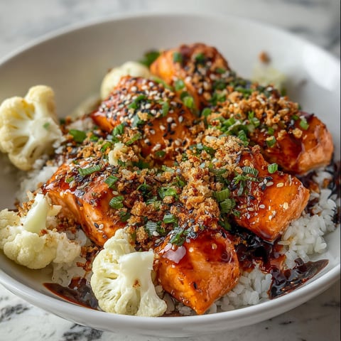 A bowl of food with salmon, rice, and vegetables.