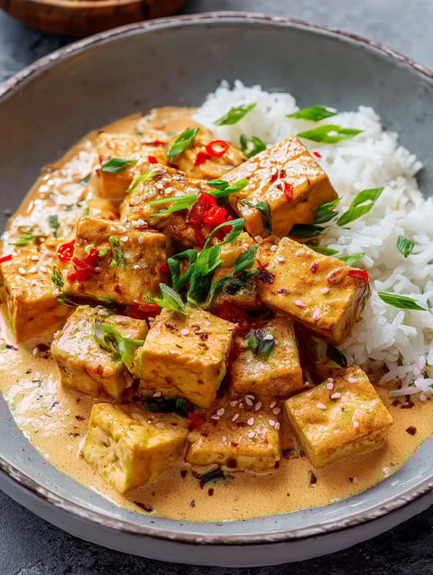 A bowl of spicy tofu with creamy coconut sauce.