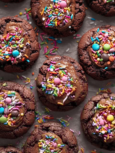 A plate of chocolate cookies with sprinkles.