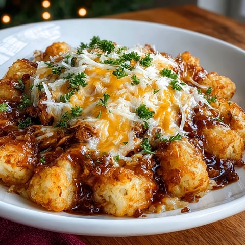 A plate of food with a cheeseburger and tater tots.