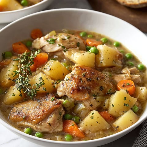 A bowl of chicken stew with peas and carrots.