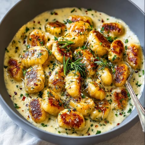 A bowl of gnocchi with a creamy sauce.