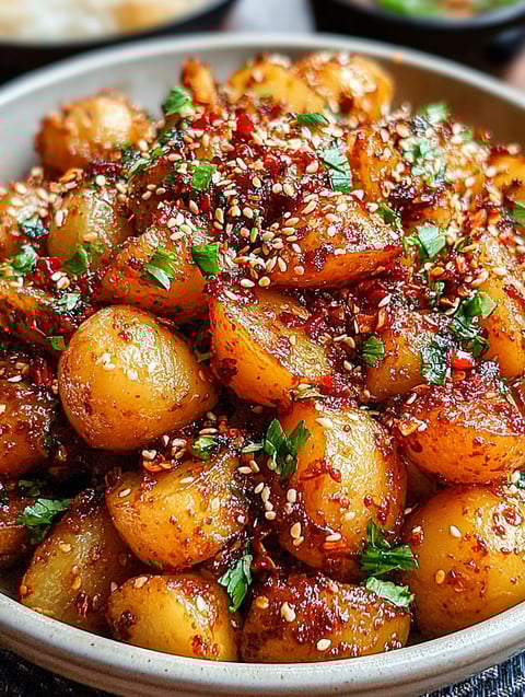 A dish of crispy Korean potatoes with a zesty shallot-lime sauce.