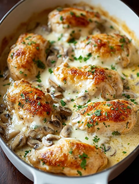 A bowl of chicken and mushrooms.